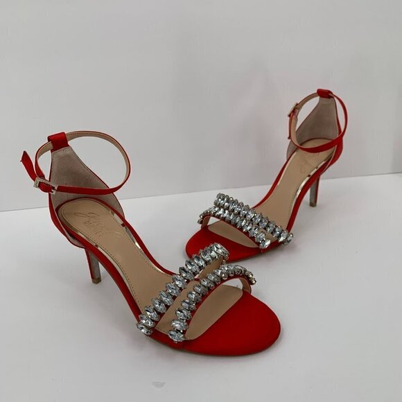 Jewel Badgley Mischka Melania red satin rhinestone crystal sandal heel new 5.5 - Picture 2 of 9